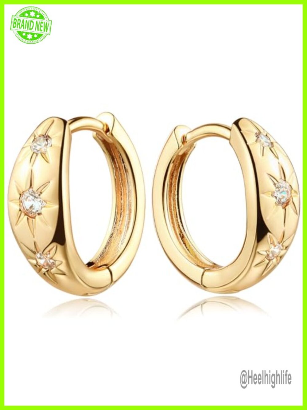 Chunky Huggie Hoop Earrings 18K Gold Plated Brass Starburst CZ Beaded Style
